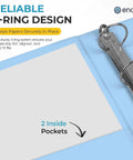 Open blue two inch three ring binder with clear view cover, displaying two inside pockets and metal rings.