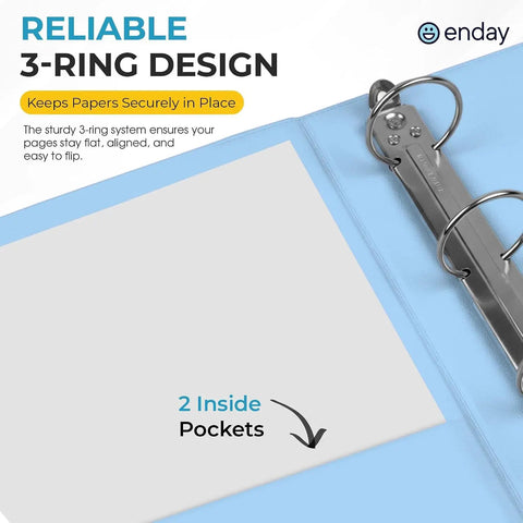 Open blue two inch three ring binder with clear view cover, displaying two inside pockets and metal rings.