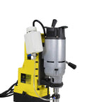 Heavy Duty Magnetic Drill Press With 1-3/4 Inch Boring Capacity And 2700 Pound Rock Solid Grip; yellow and gray design, adjustable features.