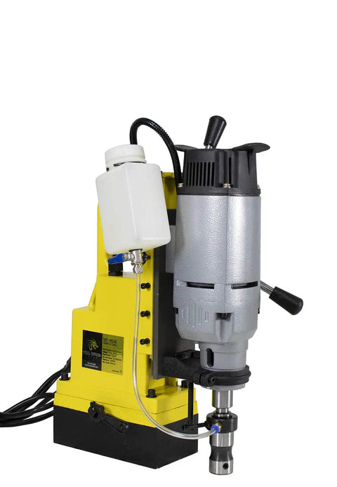 Heavy Duty Magnetic Drill Press With 1-3/4 Inch Boring Capacity And 2700 Pound Rock Solid Grip; yellow and gray design, adjustable features.