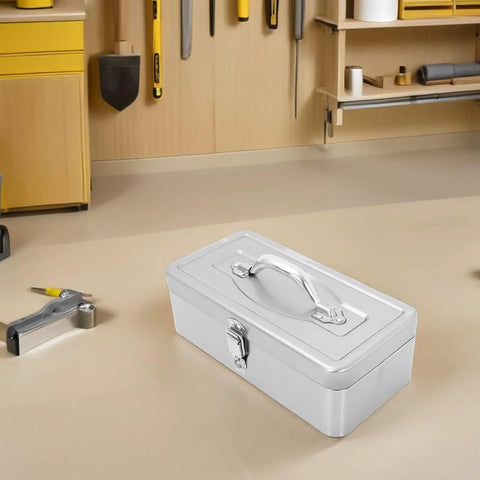 Portable Stainless Steel Tool Box With Big Capacity And Multiple Compartments For Easy Organization on garage workbench