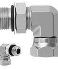 3 By 8 Inch Female NPSM Swivel To 3 By 8 Inch Male SAE ORB 90 Degree Elbow Adapter For Hydraulic Lines, J512 And J1926 Compatible, No Fuss Fitting For Tight Spots And Easy Maintenance, shown in two angles
