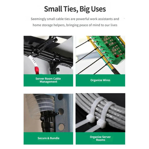 Heavy Duty Cable Ties For Quick Cord Cleanup And Wire Harness Organization PA66 Nylon Bundle Straps securing wires in server room.