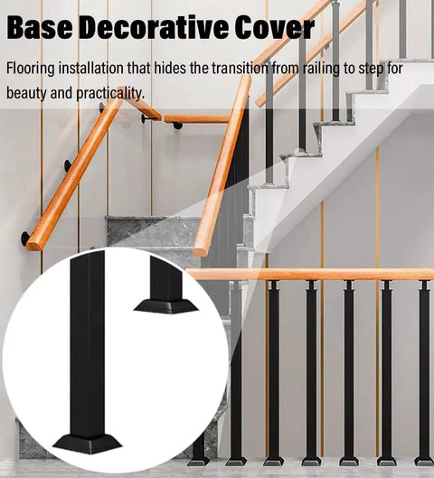 Base Decorative Cover for Heavy Duty Black Railing Balusters And Stair Spindles 25 Pack, ideal for stair transitions.
