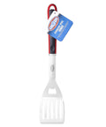 Stainless Steel Grill Spatula With Wide Blade And Beveled Edge For Easy Flips And Stable Lifts Of Burgers, Veggies, And Delicate Fish, Red And Black Comfort Grip With Hanging Loop For Weeknight Or Weekend BBQs displayed.