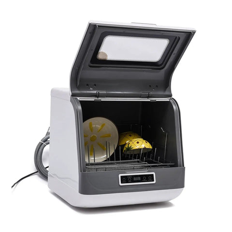 Compact Portable Countertop Dishwasher With Five Liter Capacity Slick For Tiny Kitchens Featuring Three Fast Wash Cycles and No Sweat Air Dry.