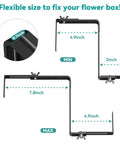 Adjustable Planter Box Brackets With Enhanced Bottom Support for Outdoor Hanging Gardens shown in black with size range.
