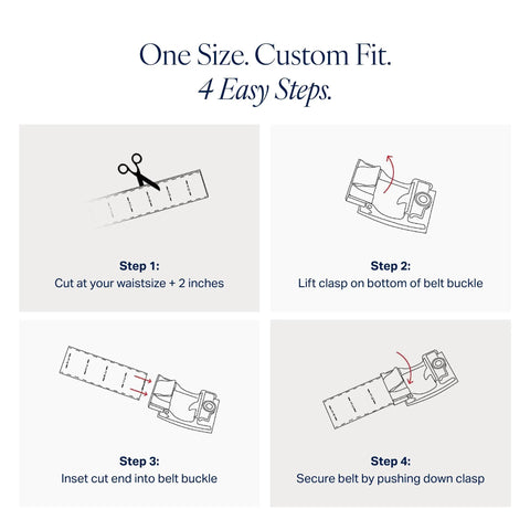 Steps to adjust Braided Golf Ratchet Belt For Men With Adjustable Stretch Fit Up To 50 Inch Waist, showing cutting and buckle clasping.