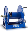 Heavy Duty Hand Crank Steel Hose Reel 1125-4-200 Series with all welded steel A frame, blue, side angle view