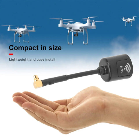 Bangin 5.8Ghz MMCX 2.8dBi RHCP high gain antenna shown on open hand with flying drones in background, compact size, easy install.