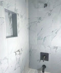 Bathroom with ceiling mounted rain shower with single jet, glass and acrylic construction, modern frameless design, XL mini size.
