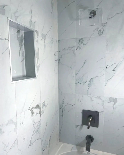 Bathroom with ceiling mounted rain shower with single jet, glass and acrylic construction, modern frameless design, XL mini size.