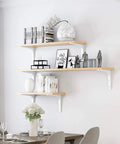 Built Like A Tank Heavy Duty Steel Shelf Brackets With Rock Solid Holding Power For Your Floating Shelves And Wall Corner Displays, No Sweat Setup, Dope White Finish, 75Mm Size, 2 Pack Kit mounted with wooden shelves and decor.