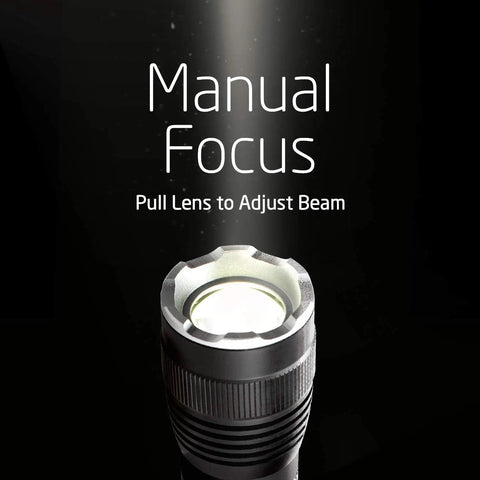 Close-up of S300 Pro tactical flashlight showing manual focus feature, part of the Four Pack LED Tactical Flashlights S300 Pro IPX4 Waterproof.