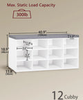 12 Cubby Shoe Storage Bench With Cushioned Seat And Adjustable Shelves White Entryway Organizer dimensions