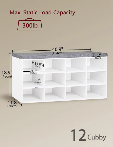 12 Cubby Shoe Storage Bench With Cushioned Seat And Adjustable Shelves White Entryway Organizer dimensions
