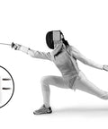 Fencer lunging with Electronic Fencing Referee Sensor For Foil And Epee Training, white unit inset detail