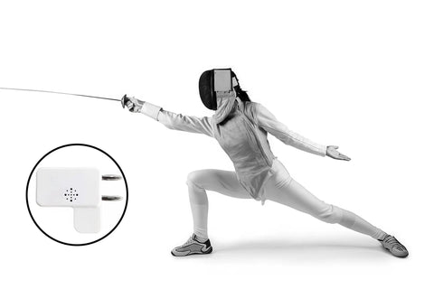 Fencer lunging with Electronic Fencing Referee Sensor For Foil And Epee Training, white unit inset detail