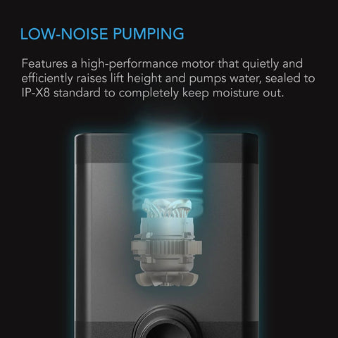AC Infinity submersible water pump with blue illuminated motor coil, 792 GPH (3000 L/H), black housing.