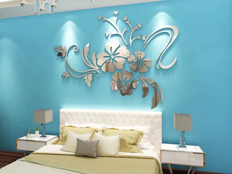 Dope 3D Flower Pattern Wall Decals Set For Living Room And Bedroom, Acrylic Mirror Stickers, Silvery Finish, XXL Size on blue wall