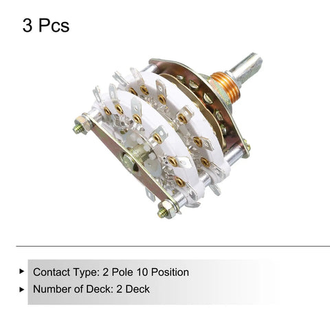 Two Pole Ten Position Rotary Switch 2P10T Band Selector Two Deck 42mm Diameter 9.8mm Thread for TV Radio, 3 Pack