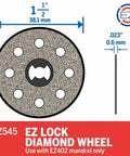 EZ Lock Diamond Wheel 1-1/2 Inch For Rotary Tools Quick Change Cutter displayed with dimensions and EZ logo