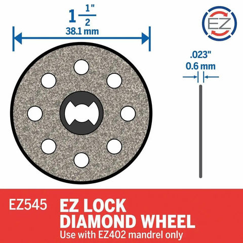 EZ Lock Diamond Wheel 1-1/2 Inch For Rotary Tools Quick Change Cutter displayed with dimensions and EZ logo