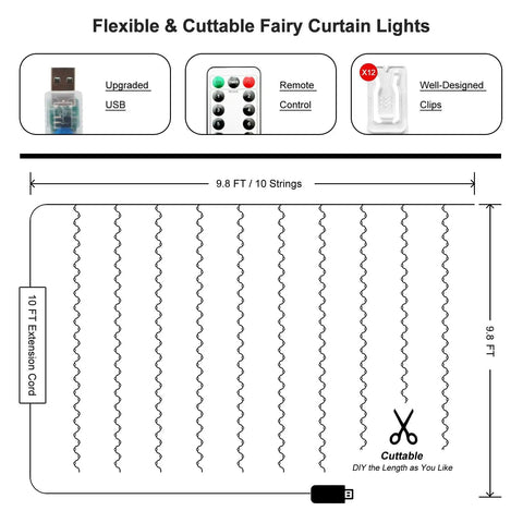 Diagram of 300 LED Fairy Curtain Lights 9.8 X 9.8 Ft USB Plug In With 8 Modes Remote Warm White, showing installation and parts.