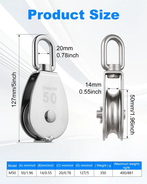 Product Size for Two Pack M50 304 Stainless Steel Wire Rope Crane Pulley Block Heavy Duty Rust Resistant Moisture Proof Design Rugged Pulley Block For Hoists Winches And Lifting Equipment, 50mm pulley
