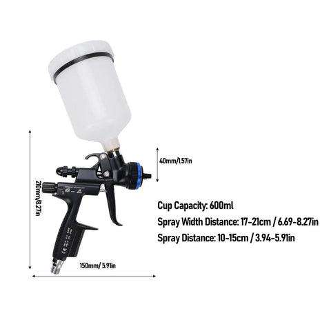 HVLP Air Paint Sprayer With 600ml Gravity Cup and 1.3mm Nozzle, side view showing cup and spray dimensions.