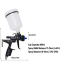 Pro Grade HVLP Paint Sprayer Gun With A Roomy 600 Milliliter Cup And Precision 1.3 Millimeter Tip displayed with measurements.