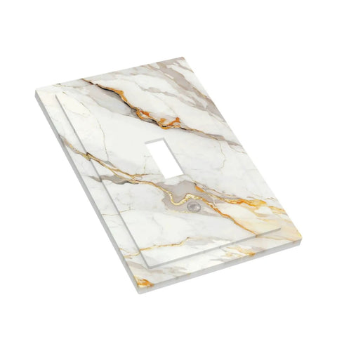 One Gang Light Switch Cover Plate White Gold Marble Wall Faceplate With Painted Screws Decorative Toggle Plate angled view