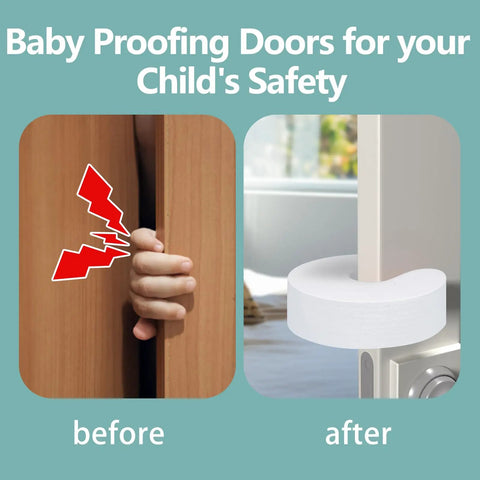 Before and after using Eight Pack Door Finger Pinch Guards For Little Ones And Fur Babies, Thick 2.2cm Soft Foam Door Stopper displayed on door.