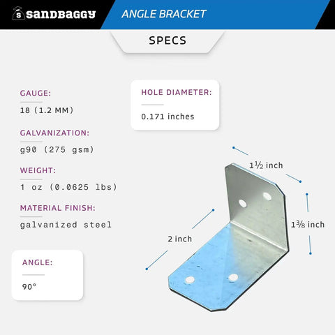Heavy Duty 90 Degree Galvanized Angle Brackets Built From Workhorse 18 Gauge Steel With Knockout Rust Resistant Coating Ready For Pro Grade Diy Framing Shelving And Swift Home Fixes Bulk Pack Of 1000 showing specs including hole size and dimensions.