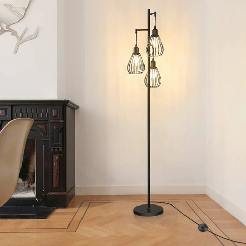 Dope Industrial Tree Floor Lamp with Three Teardrop Cage Heads in living room setting, features 4W LED Edison bulbs and sturdy base.
