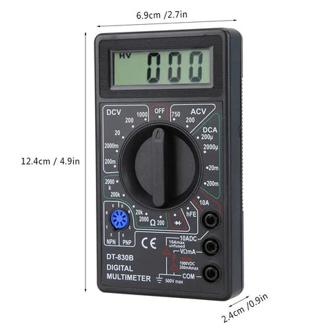 Portable Digital Multimeter with LCD Display for DIYers and Pros, measures AC DC voltage, current, resistance, shown at 4.9 x 2.7 x 0.9 in