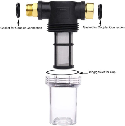 Inline Garden Hose Water Filter For Pressure Washer With Sediment Strainer showing gaskets and 40-mesh filter in clear housing.