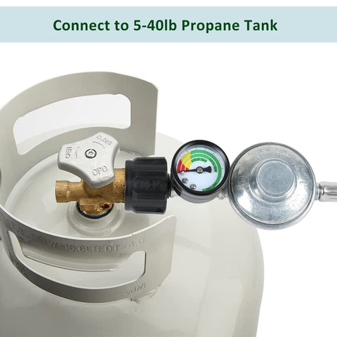 Three Foot Propane Hose Regulator With Gauge For Weber Charbroil Nexgrill Cuisinart Grills Patio Heaters And Fire Pits Low Pressure Three Eighths Inch Female Flare Nut With Three Color Tank Gauge For Easy Gas Level Reading connected to propane tank