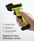 Handheld device showcasing ergonomic grip of 2D Barcode Scanner Bluetooth Enabled For Fast And Accurate Scanning Of Code 128 QR EAN 13 Data Matrix And More No Brainer AI App And SDK Support 180 Days Battery Life Works With iOS Android And Windows.