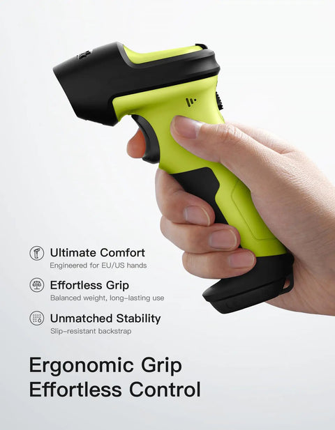 Handheld device showcasing ergonomic grip of 2D Barcode Scanner Bluetooth Enabled For Fast And Accurate Scanning Of Code 128 QR EAN 13 Data Matrix And More No Brainer AI App And SDK Support 180 Days Battery Life Works With iOS Android And Windows.