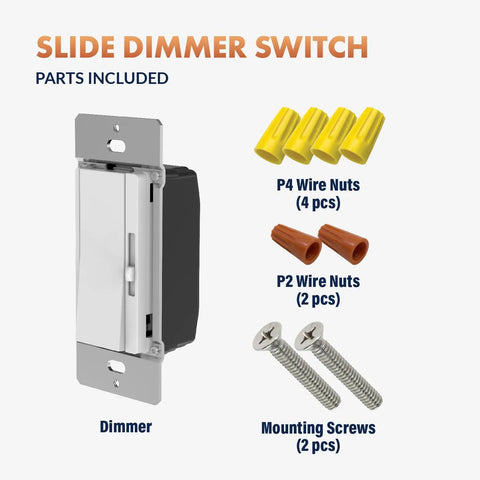 Modern White 3-Way Single Pole 0-10V Dimmer Switch For Led Drivers And Fluorescent Ballasts with included installation parts.