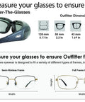 Padded Motorcycle Safety Glasses That Fit Over Prescription Glasses, Anti Fog Coating, Smoke Lens dimensions guide