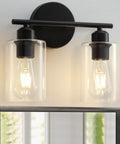 Snag This Top Shelf Matte Black Two Light Bathroom Vanity Fixture With Clear Glass Shades Solid Rust Resistant Construction Sconce, 11.8 inch depth.