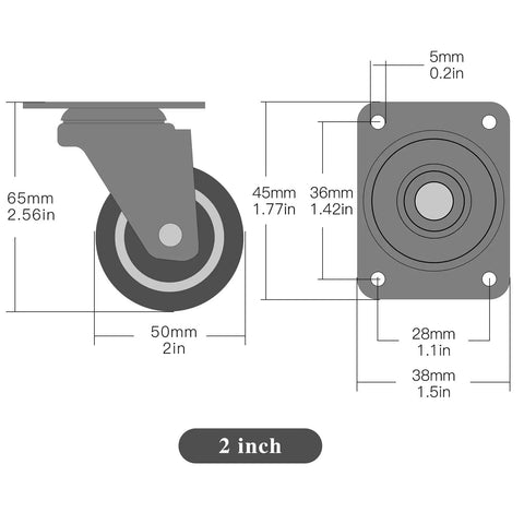 Heavy Duty Silent Rubber Swivel Caster Wheels Set Of Four Easy Mount Quiet Furniture Cart Upgrades With Stainless Bolts For Top Shelf Workbench And Table Projects, 2-inch dimensions.