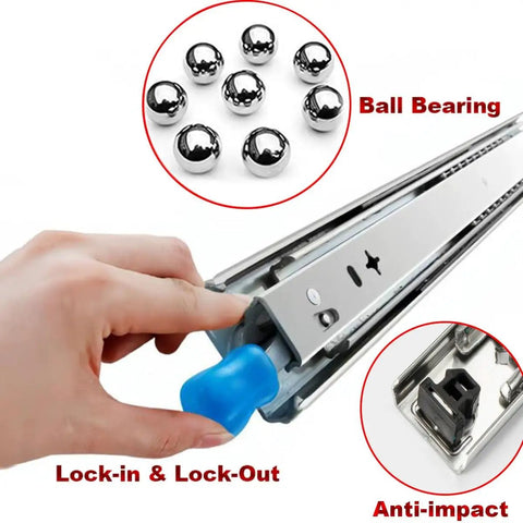 Heavy Duty Long Locking Drawer Slides With Full Extension 32 Inch Side Mount Rails Lockin And Lockout mechanism detail