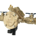 Industrial Grade Lead-Free Bronze Y Pattern Rpz Backflow Preventer with Built-In Flood Sensor, 1 inch size, side view.