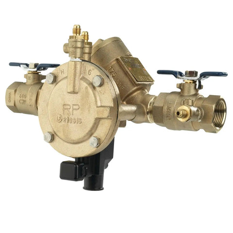 Industrial Grade Lead-Free Bronze Y Pattern Rpz Backflow Preventer with Built-In Flood Sensor, 1 inch size, side view.