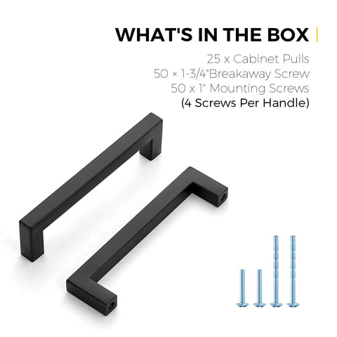 Two Slick Matte Black Cabinet Pulls Square 5 Inch Center To Center Drawer Handles with screws for easy install.