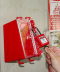 Heavy Duty Lockout Tagout Lock Box For Group Padlock Safety Station, wall mounted with 8 locking positions and 1 key slot.