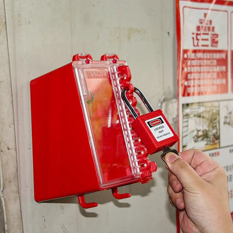 Heavy Duty Lockout Tagout Lock Box For Group Padlock Safety Station, wall mounted with 8 locking positions and 1 key slot.